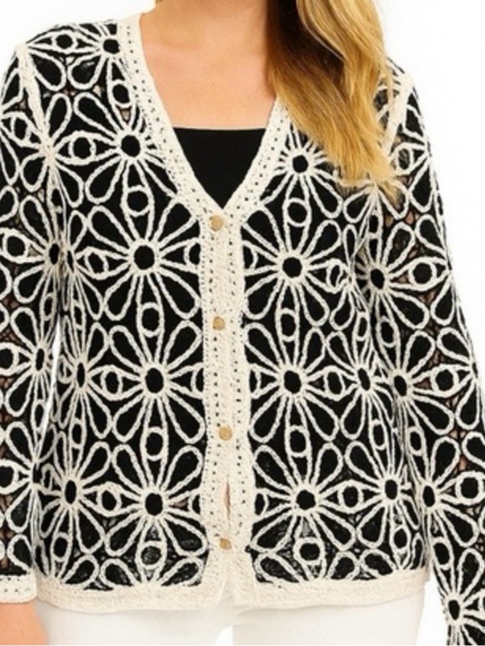 SOLITAIRE Black and Cream Floral Crochet Cardigan | Size Large